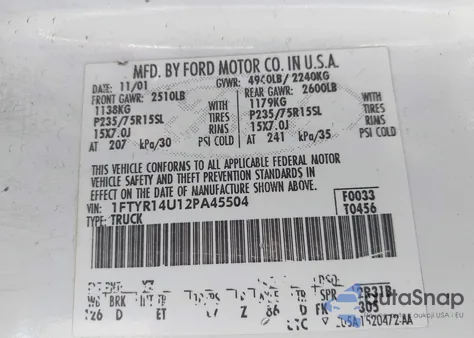2002 Ford Ranger Edge/Tremor/Xl/Xlt from USA, damaged, VIN 1FTYR14U12PA45504